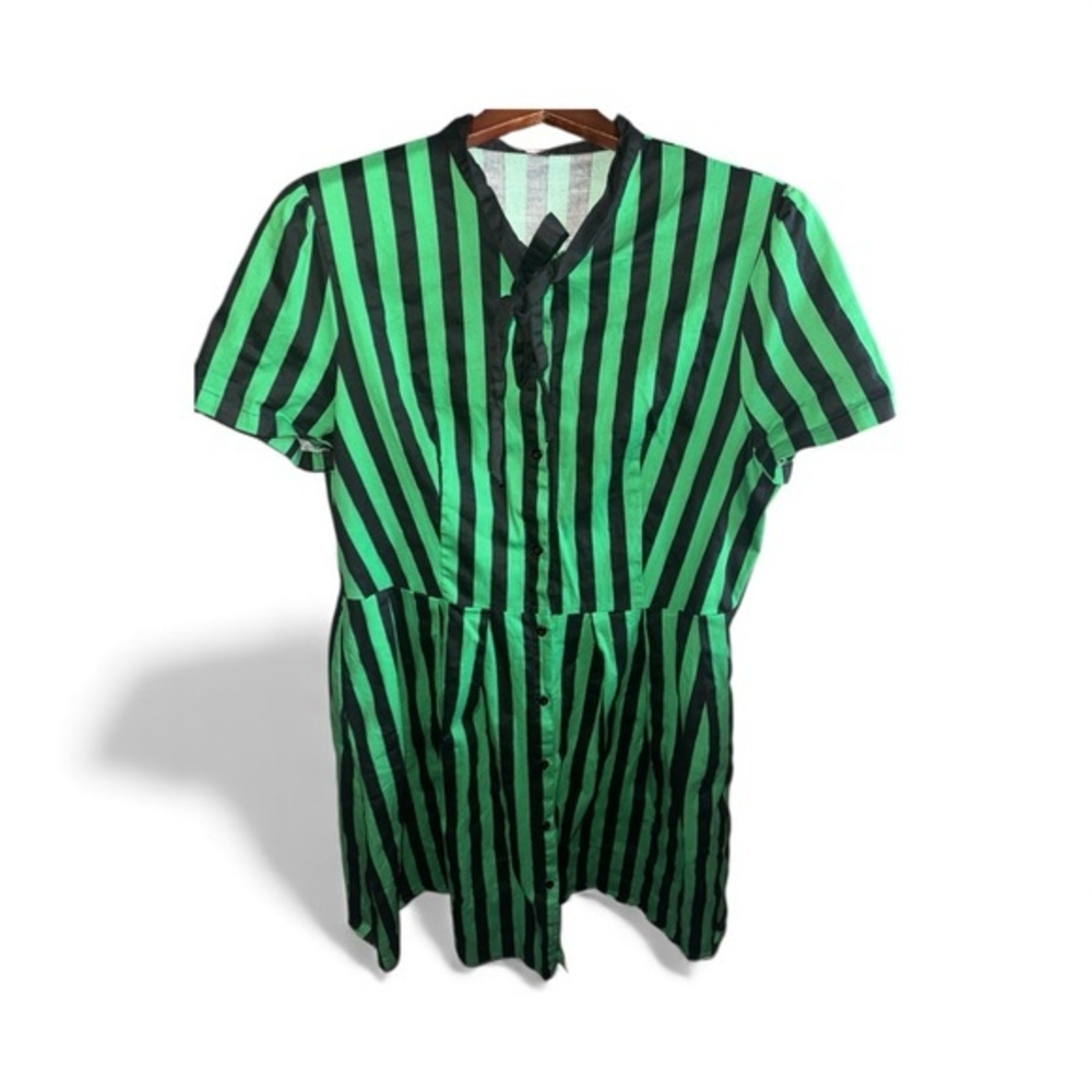 Goth Retro Pin-Up Girl Green and Black Striped MIDI Short Sleeve Button Dress